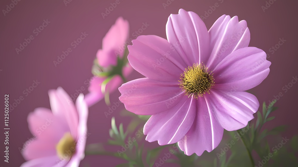 Close-up of stunning pink cosmos flowers against a soft purple background, exuding elegance and natural beauty. Close-up of stunning pink cosmos flowers against a soft purple background, exuding elegance and natural beauty.