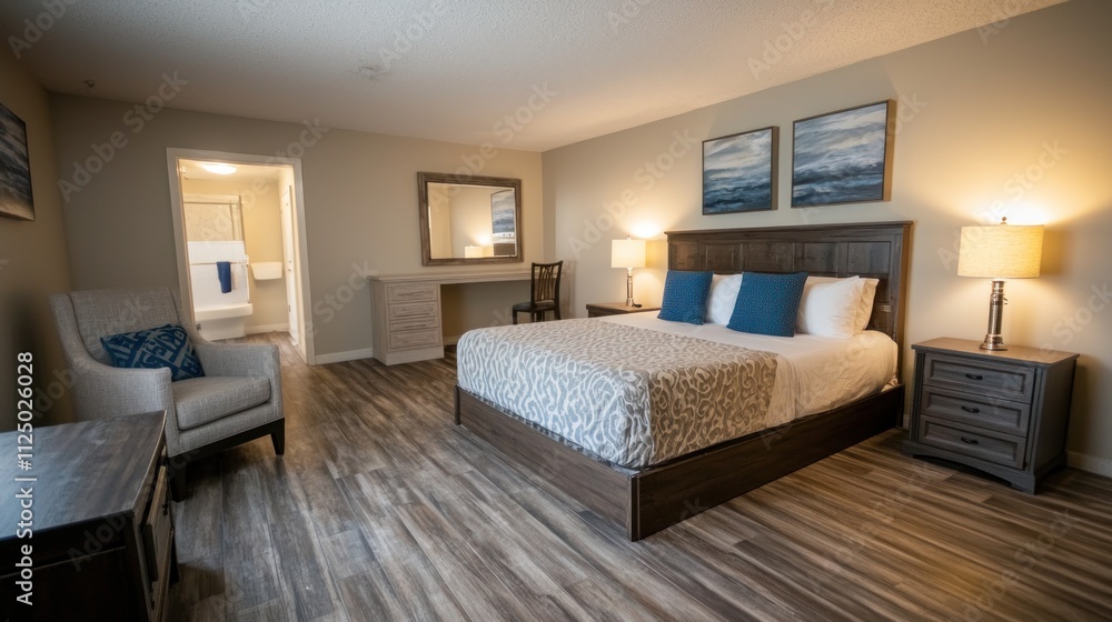 Fototapeta premium A mid-range hotel room featuring basic amenities and a welcoming atmosphere.
