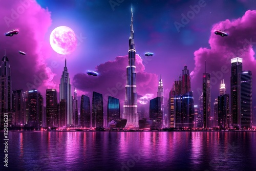 A cyberpunk-themed depiction of Dubai, with neon-lit skyscrapers, holographic advertisements, and flying cars zooming through a futuristic cityscape
