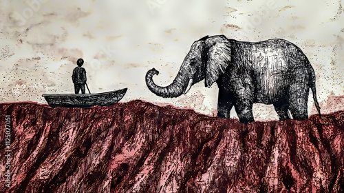 Abstract illustration of a giant elephant and a man in a boat on a rugged red landscape, evoking mystery and symbolism photo