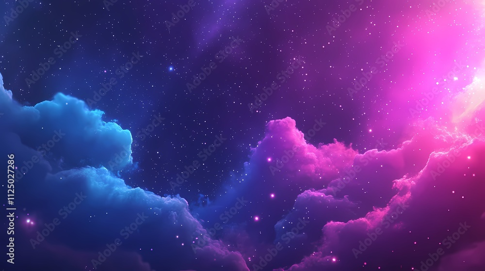 Obraz premium Vibrant cosmic scene featuring purple and blue clouds with twinkling stars, creating a dreamy atmosphere.