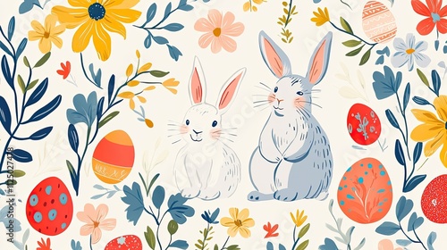 Two cute Easter bunnies amidst colorful flowers and eggs.
