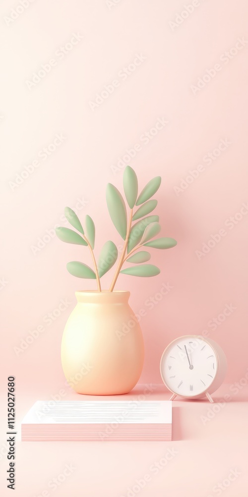 A minimalist scene featuring a soft pink background, a vase with green leaves, a clock, and stacked books, creating a serene atmosphere.