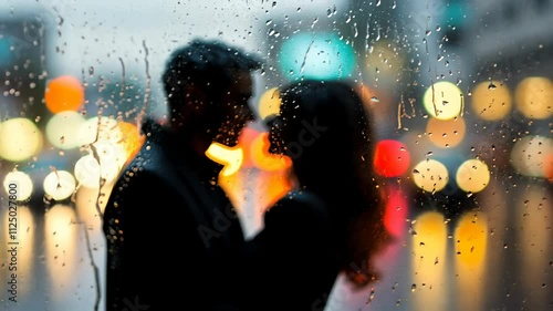 Romantic silhouette of couple kissing in the rain with city lights