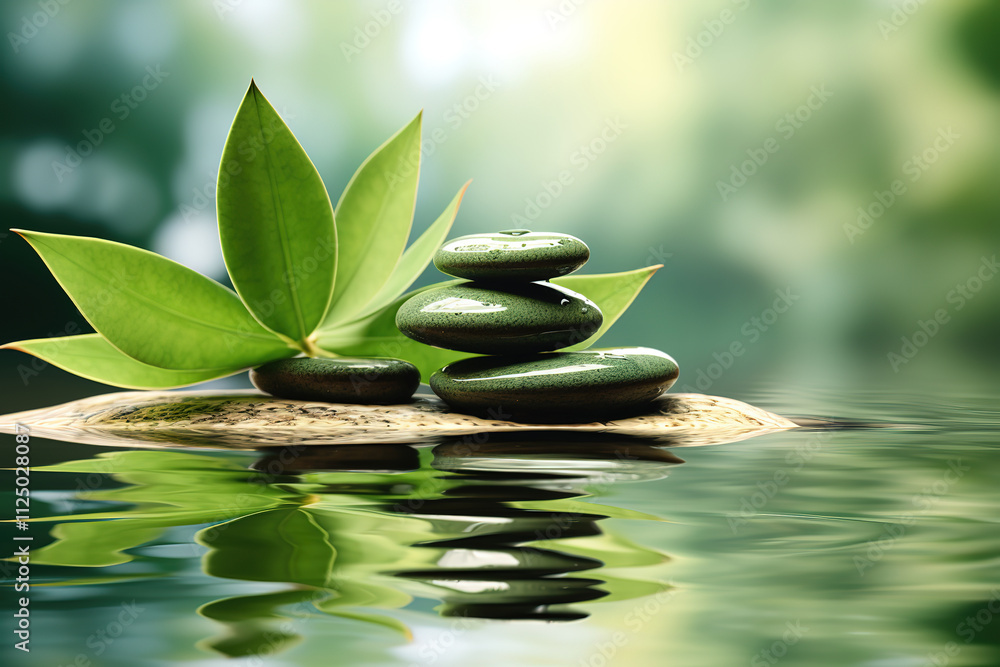 Naklejka premium Fantastic Green leaves cover the Zen stones pyramid on water surface