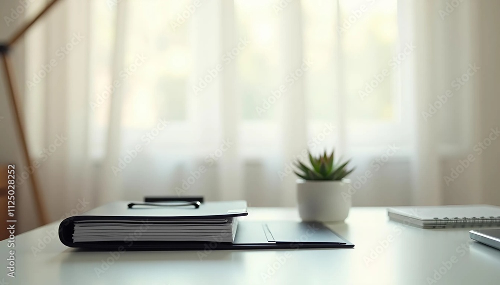 A clean, organized desk with a closed document folder beside a small potted plant
