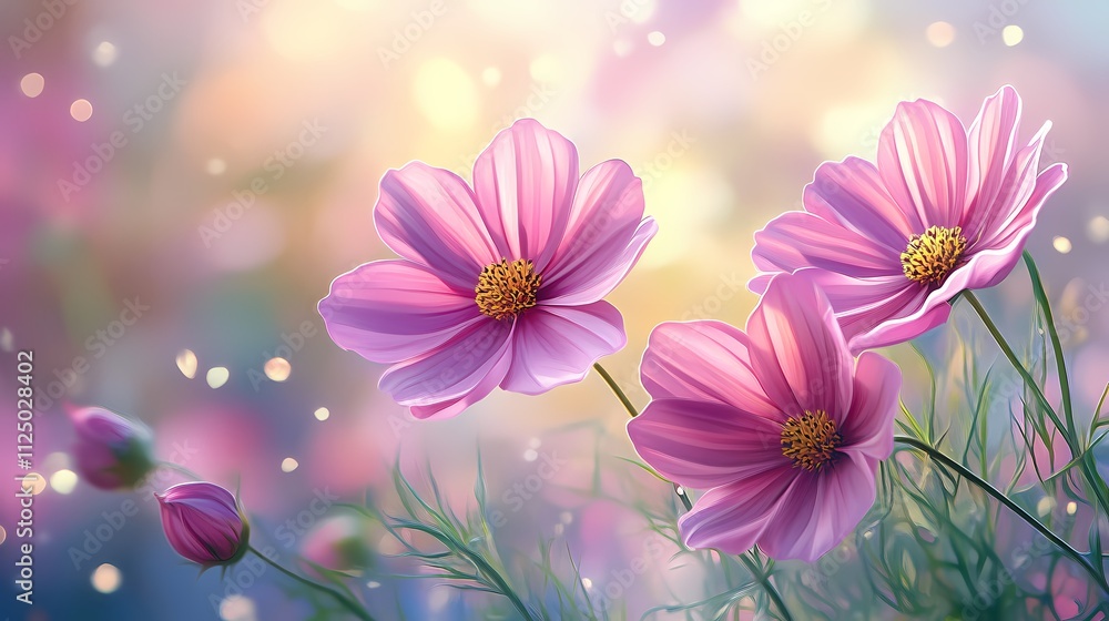 Delicate pink flowers blooming in a lush garden, radiating serenity and beauty. Delicate pink flowers blooming in a lush garden, radiating serenity and beauty.