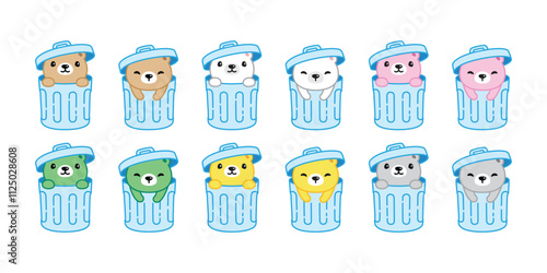 Bear polar icon trash garbage rubbish bin can vector teddy pet cartoon character logo symbol pastel color illustration clip art isolated design