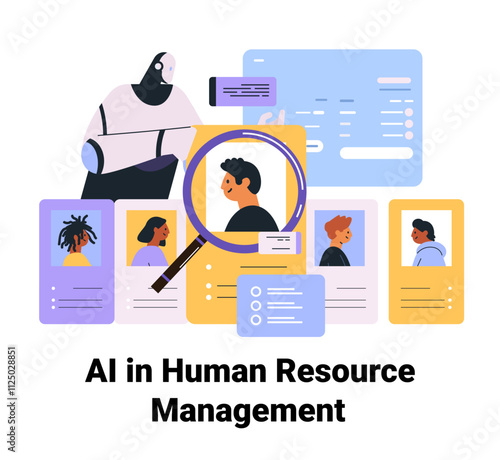 AI human resource management concept with robot analyzing candidate profiles magnifying glass diverse avatars digital interface colorful design website template