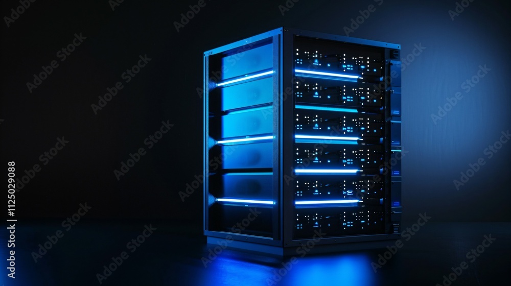 Modern game server rack with blinking lights and cables, symbolizing high-tech infrastructure and online gaming, set against a dark background. Modern game server rack with blinking lights and cables, symbolizing high-tech infrastructure and online gaming, set against a dark background.