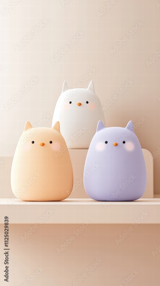 Cute, pastel-colored cat figurines sitting on a shelf, perfect for home decor and collection enthusiasts. Cute, pastel-colored cat figurines sitting on a shelf, perfect for home decor and collection enthusiasts.