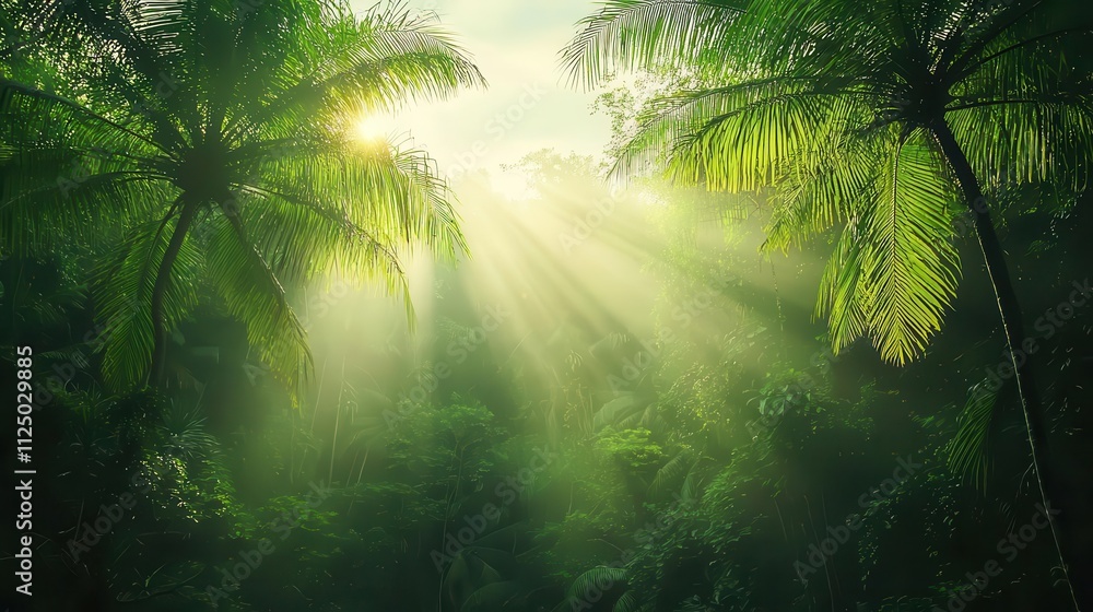 Naklejka premium Foggy tropical landscape with sunlight breaking through mist created by active transpiration