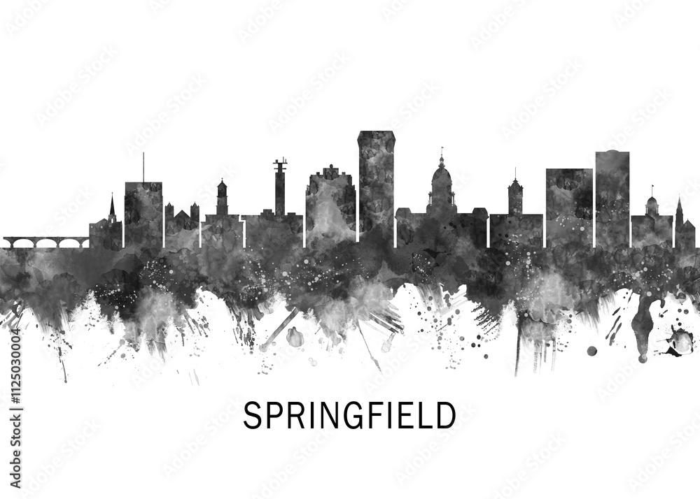 Springfield Illinois Skyline BW, cityscape landscape watercolor abstract painting splash travel art illustration graphic design urban art modern downtown Springfield Illinois Skyline BW, cityscape landscape watercolor abstract painting splash travel art illustration graphic design urban art modern downtown