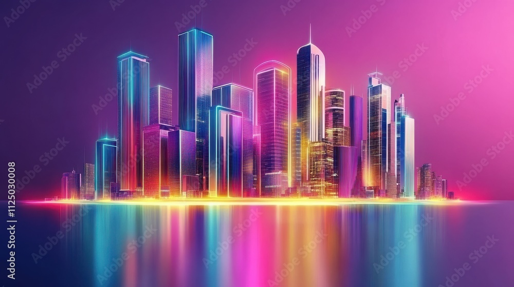 Spectacular Futuristic Cityscape with Neon Lights Reflecting in Water, Vibrant Purple and Pink Sky, Ideal for Technology and Urban Lifestyle Themes Spectacular Futuristic Cityscape with Neon Lights Reflecting in Water, Vibrant Purple and Pink Sky, Ideal for Technology and Urban Lifestyle Themes