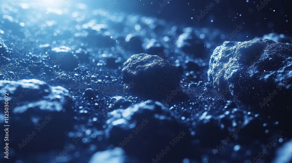 Mysterious underwater landscape featuring textured rocks and particles illuminated by soft blue light, creating serene and captivating atmosphere Mysterious underwater landscape featuring textured rocks and particles illuminated by soft blue light, creating serene and captivating atmosphere