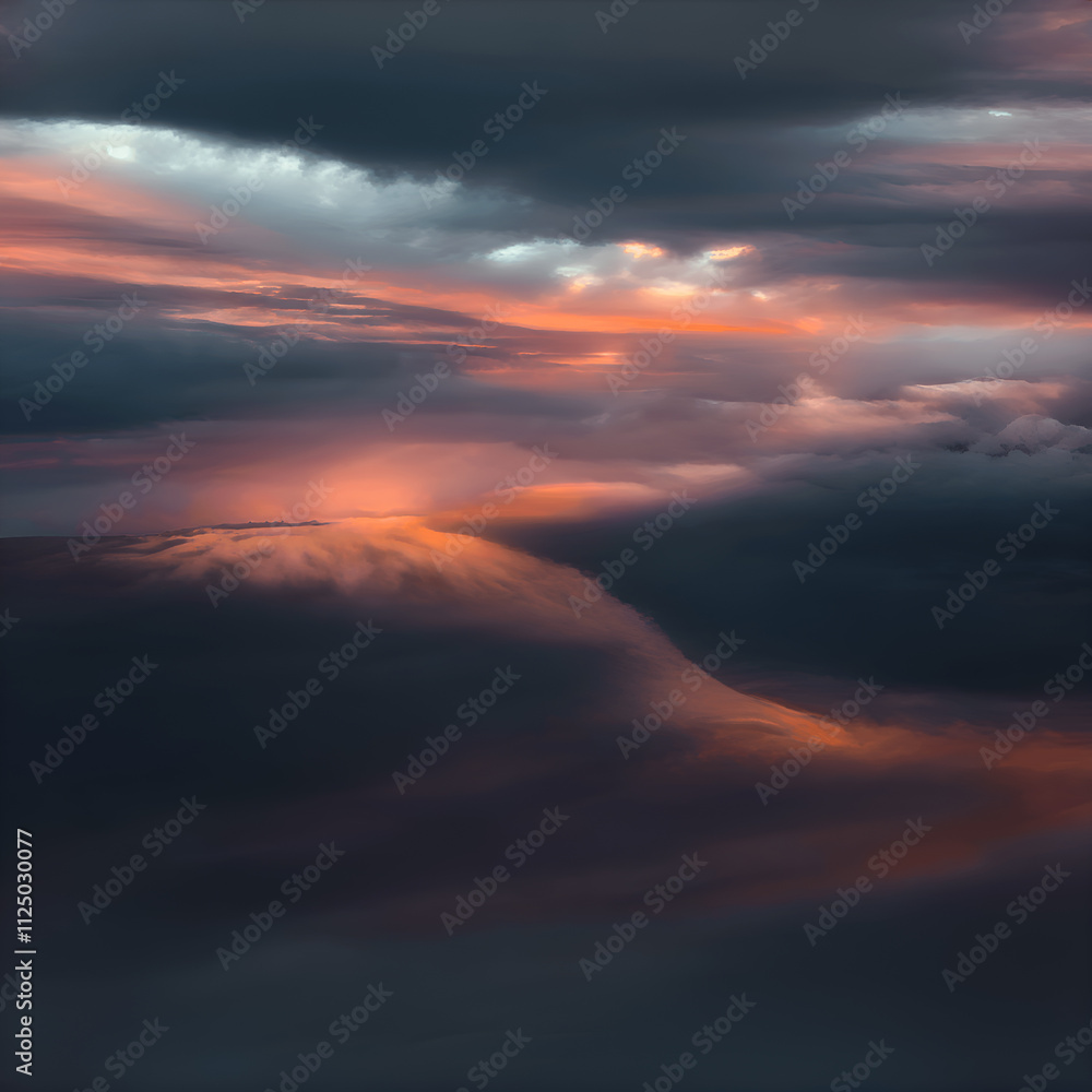 Obraz premium The sky is filled with dark, ominous clouds that are illuminated by the warm orange and pink hues of the setting sun. The clouds are scattered across the sky, creating a dramatic and moody atmosphere.