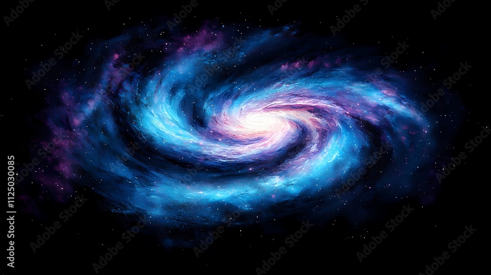 A vibrant spiral galaxy with swirling shades of blue and purple against a dark cosmic backdrop. A vibrant spiral galaxy with swirling shades of blue and purple against a dark cosmic backdrop.