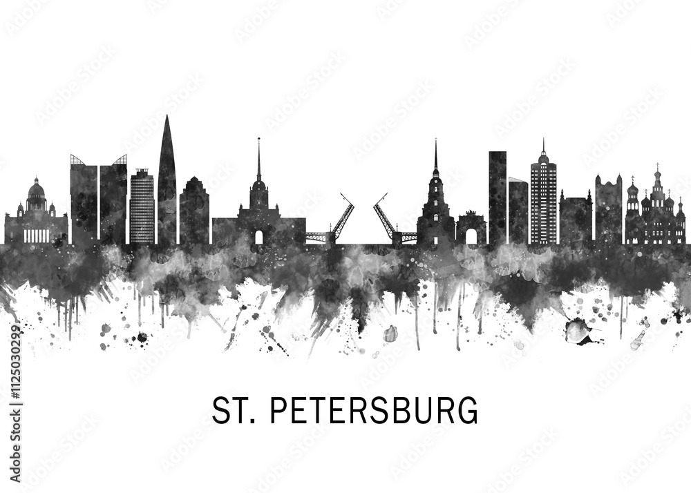 Obraz premium St. Petersburg Russia Skyline BW, cityscape landscape watercolor abstract painting splash travel art illustration graphic design urban art modern downtown