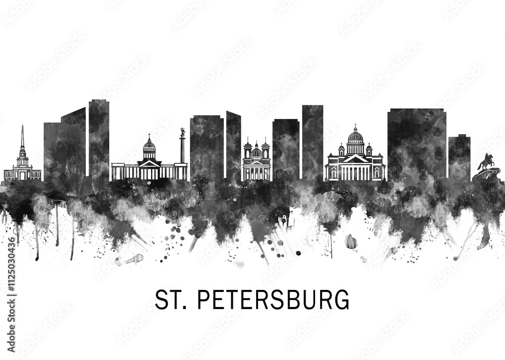 Obraz premium St. Petersburg Russia BW, cityscape landscape watercolor abstract painting splash travel art illustration graphic design urban art modern downtown