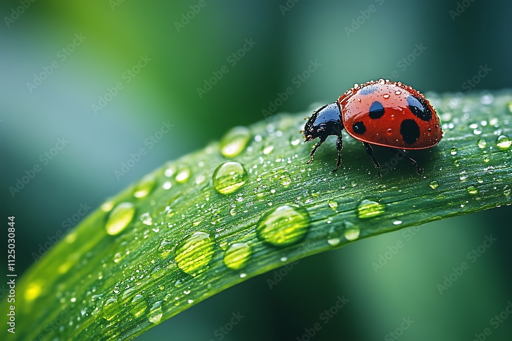 A vibrant ladybug rests on a dew-kissed green leaf, showcasing nature's delicate beauty in a serene garden setting. A vibrant ladybug rests on a dew-kissed green leaf, showcasing nature's delicate beauty in a serene garden setting.