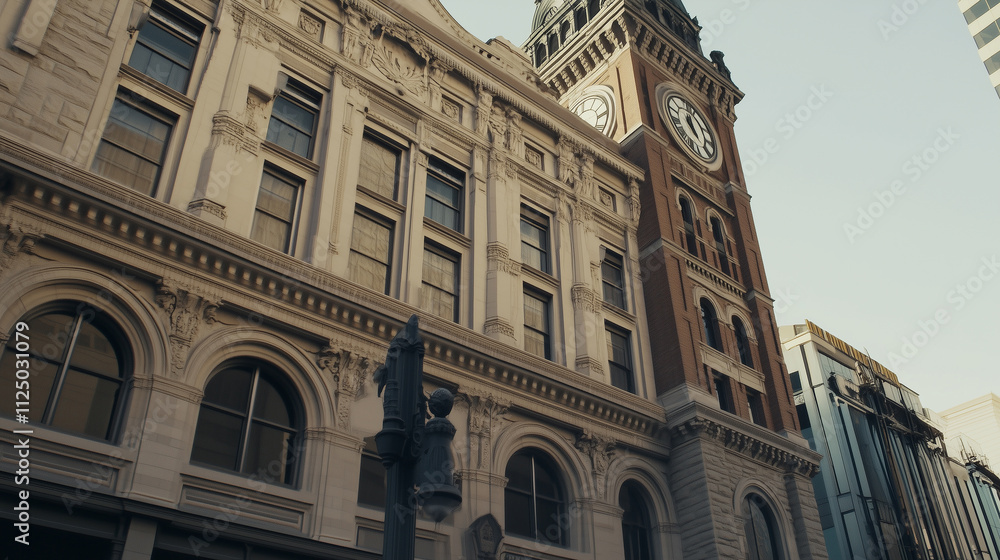 Obraz premium Grand courthouse building with a prominent clock tower, highlighted by soft morning sunlight. Minimalistic composition focusing on the structure's architectural details and stone facade. 