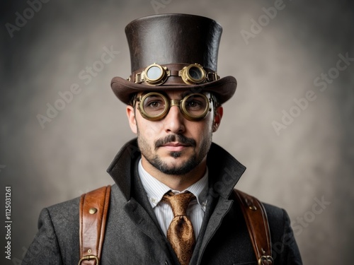 Steampunk adventurer portrait featuring a top hat with brass gears and goggles, a detailed leather outfit, and a piercing gaze, set against a moody industrial backdrop with swirling steam effects photo