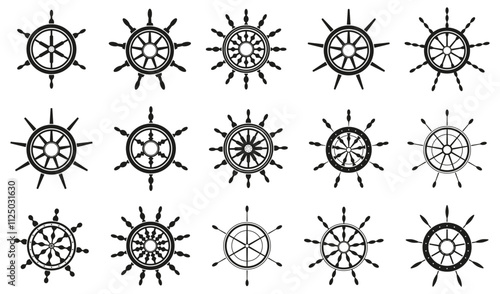 Set of ship steering wheels icon in black on a white background