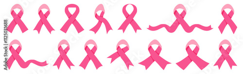 Pink cancer ribbon logo collection. Breast cancer awareness ribbons. Pink ribbons icons isolated