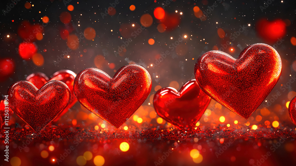 Sparkling red hearts floating in a romantic Valentine's Day setting. A captivating image showcasing several glossy, red hearts with a glittery texture, appearing to float against a backdrop of warm, b Sparkling red hearts floating in a romantic Valentine's Day setting. A captivating image showcasing several glossy, red hearts with a glittery texture, appearing to float against a backdrop of warm, b