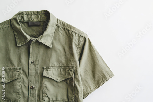 Neutral green classic short sleeve shirt displayed on a pure white background photo