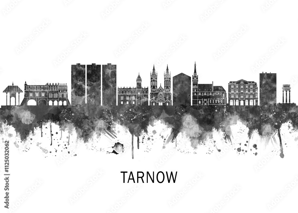 Obraz premium Tarnow Poland Skyline BW, cityscape landscape watercolor abstract painting splash travel art illustration graphic design urban art modern downtown