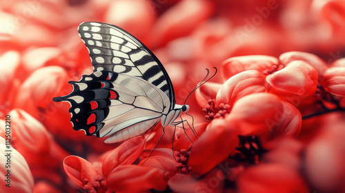 beautiful butterfly perched on vibrant red flowers, showcasing intricate patterns and colors. This serene scene captures essence of nature delicate beauty and harmony