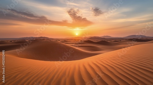 Vibrant sunset casting warm light over rolling sand dunes in a vast desert landscape.