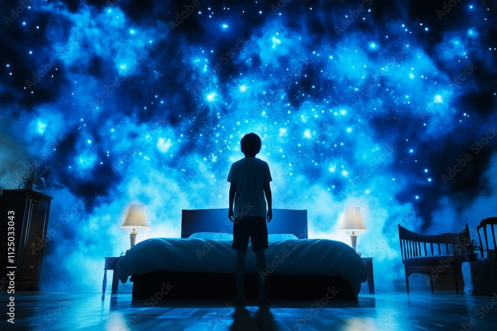 Fototapeta premium A gothic depiction of a person dreaming, surrounded by dark swirling mist and faintly glowing stars in a shadowy room