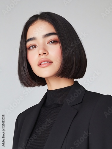 Portrait of a young woman with a bob haircut wearing a black blazer.