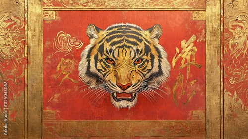 Majestic tiger head on red and gold background with chinese characters celebrating chinese new year concept. photo