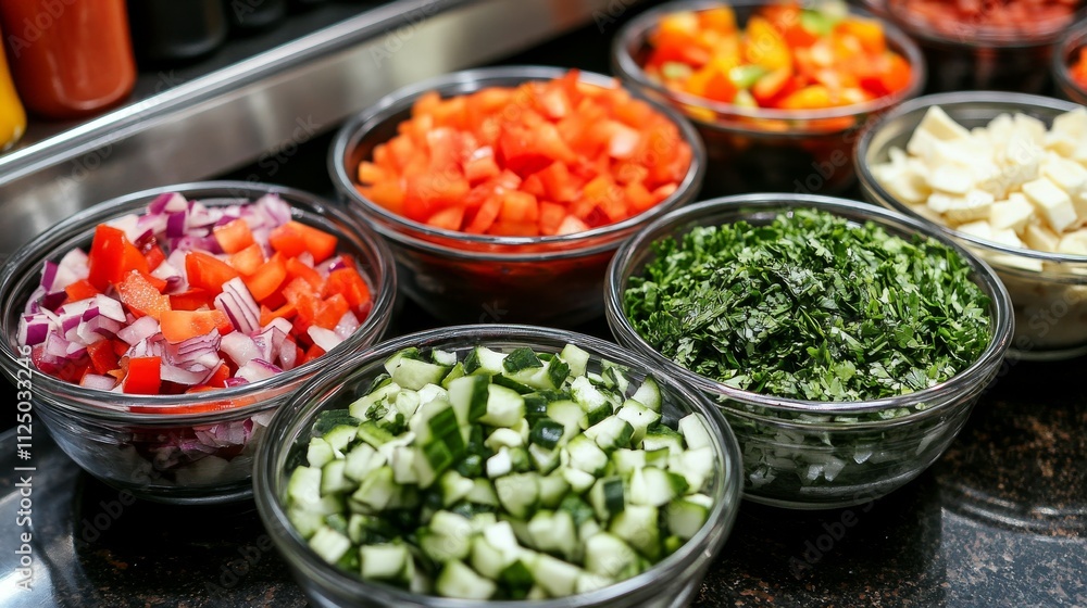 Chopped vegetables in glass bowls ready for cooking Chopped vegetables in glass bowls ready for cooking
