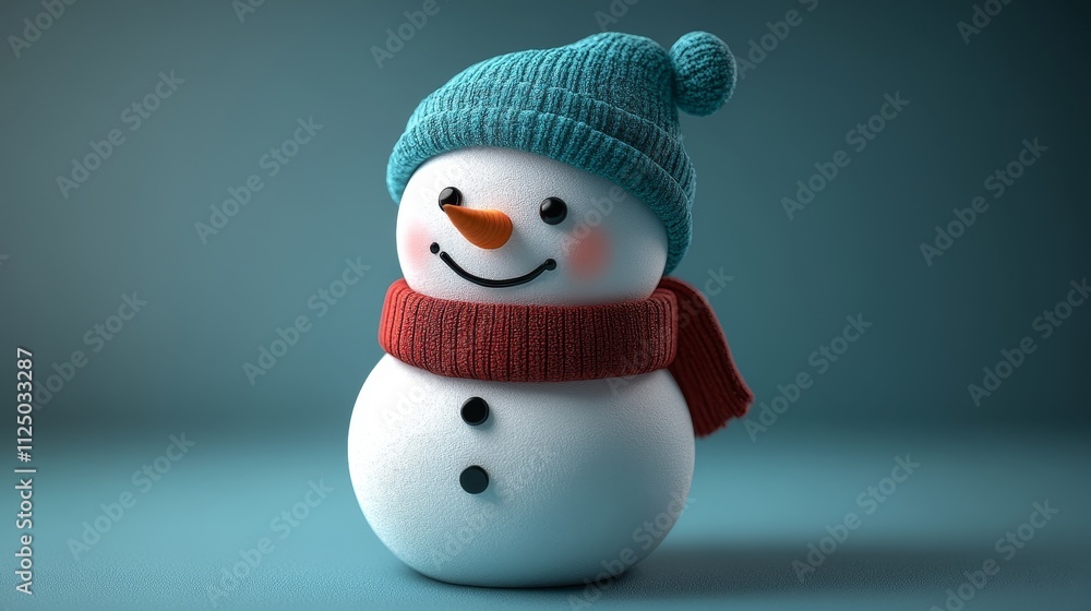 Cheerful snowman wearing a knitted hat and scarf in winter setting Cheerful snowman wearing a knitted hat and scarf in winter setting