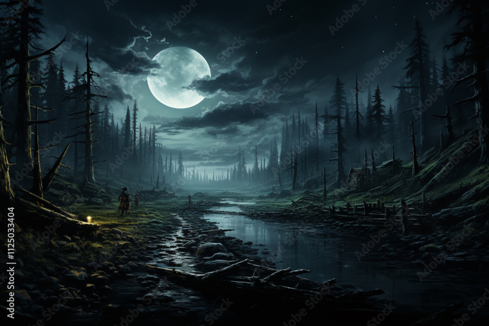 Fototapeta premium mystical night forest with a river in the moonlight,. 