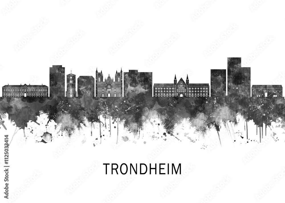Obraz premium Trondheim Norway Skyline BW, cityscape landscape watercolor abstract painting splash travel art illustration graphic design urban art modern downtown