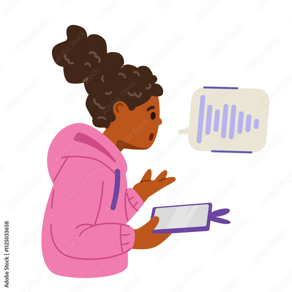 African American teenage girl talking on the phone on speakerphone flat vector illustration isolated on white. African American teenage girl talking on the phone on speakerphone flat vector illustration isolated on white.