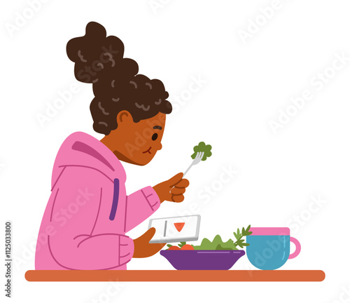 African American girl eating and watching video on smartphone flat vector illustration isolated on white. Gadget addiction problem.