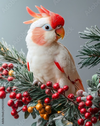 A festive parrot with colorful feathers perched on a holiday garland photo