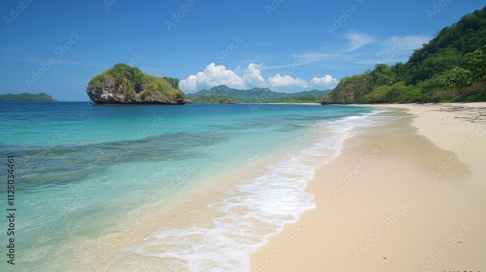 Fototapeta premium Tranquil Tropical Beach Scene With Lush Greenery and Clear Water