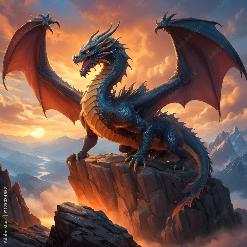 Fototapeta premium Majestic Dragon on Mountain Peak at Sunset: A Fantasy Realm