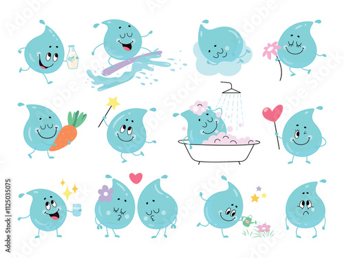 Cartoon water drop characters. Funny positive drops in different poses. Cute liquid character in love, drinking, sleeping, walking, eating, nowaday vector mascots