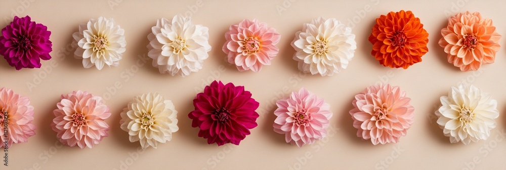 A stunning arrangement of vibrant dahlia flowers beautifully displayed in a neat row, showcasing their vivid colors and intricate details on a soft, pastel background setting. A stunning arrangement of vibrant dahlia flowers beautifully displayed in a neat row, showcasing their vivid colors and intricate details on a soft, pastel background setting.
