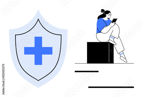 Woman sits on black block looking at smartphone next to blue shield with cross. Ideal for healthcare, technology, security, communication, online services, digital safety, and wellness themes. Line