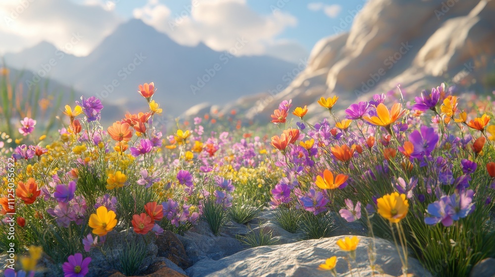 Obraz premium Vibrant Wildflowers Bloom Amongst Mountain Rocks