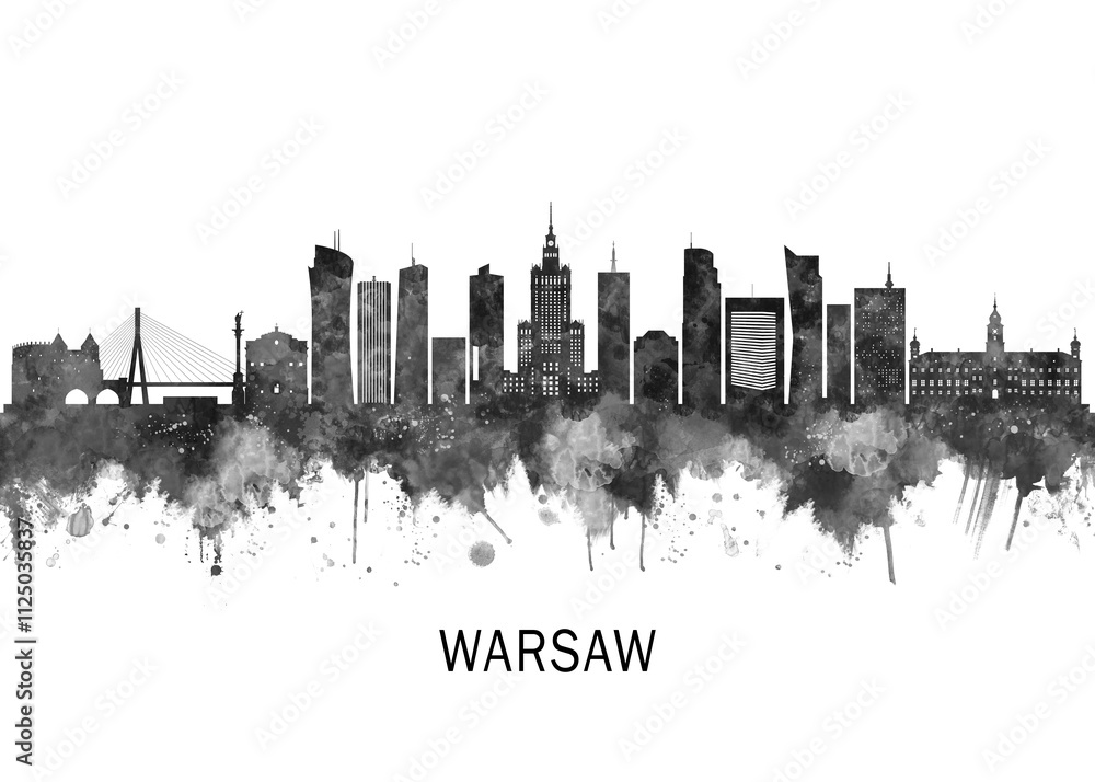Warsaw Poland Skyline BW, cityscape landscape watercolor abstract painting splash travel art illustration graphic design urban art modern downtown